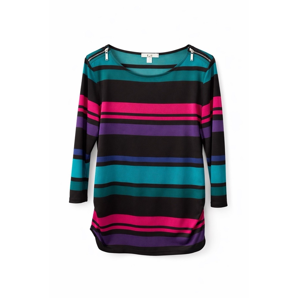 Chaus Striped Ruched Knit Boat Neck 3/4 Sleeve Blouse Black Teal‎ Pink Size L